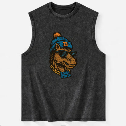 Boise Bronco wearing Boise State beanie with B patch - Vintage Washed Tank - Black