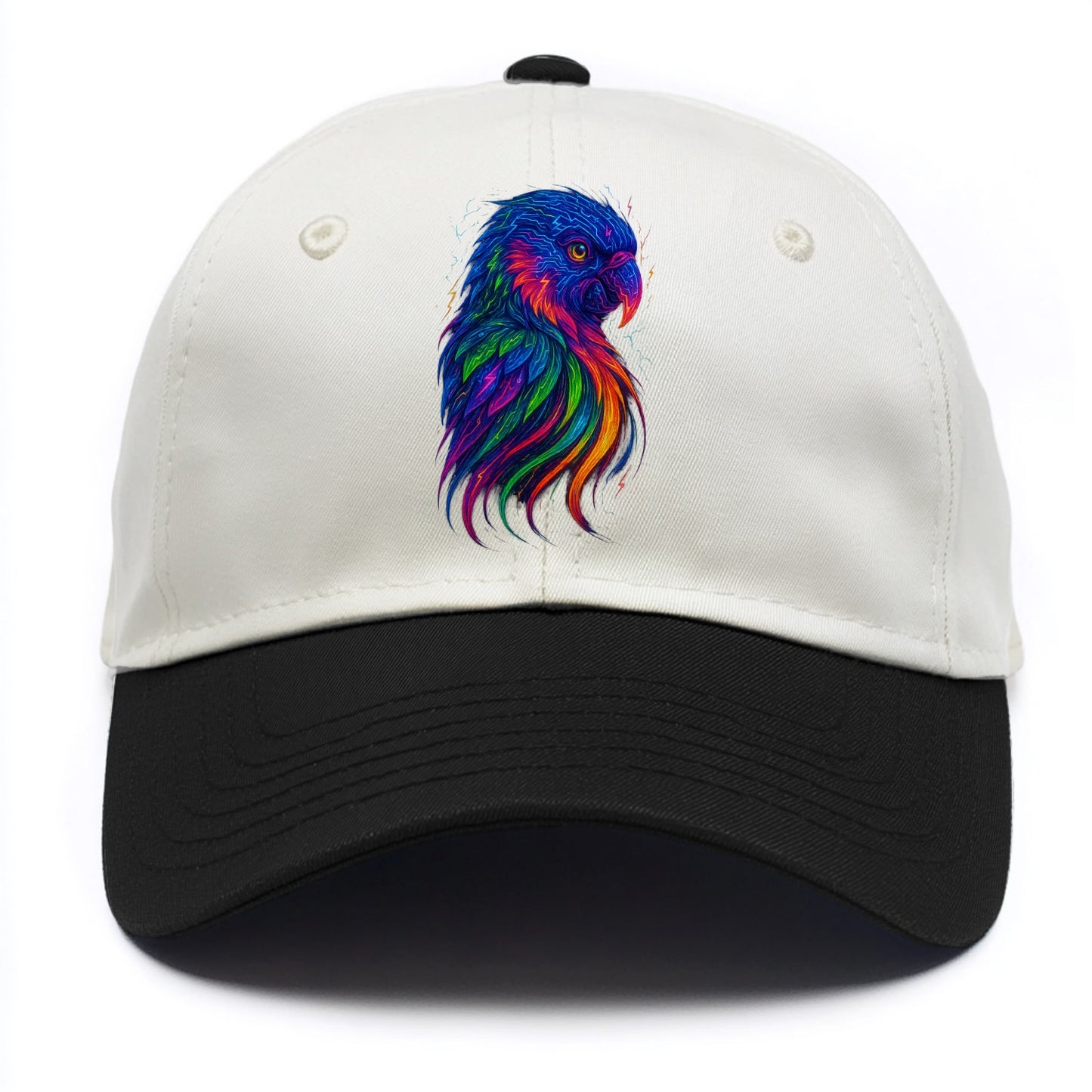 Vibrant parrot with feathers flowing into tropical rainbow streams, every color of - Two Tone Cap - Black