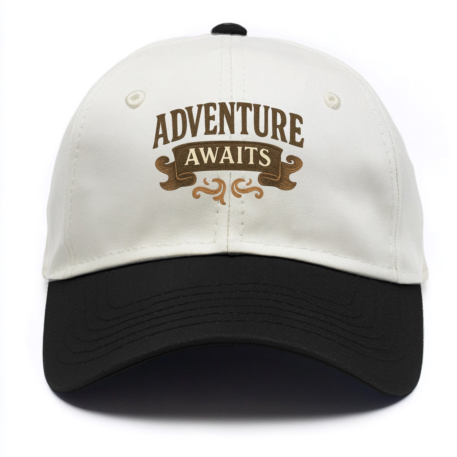 Bold typography design - "ADVENTURE AWAITS" - excitement ahead, ready for anything - Two Tone Cap - Black