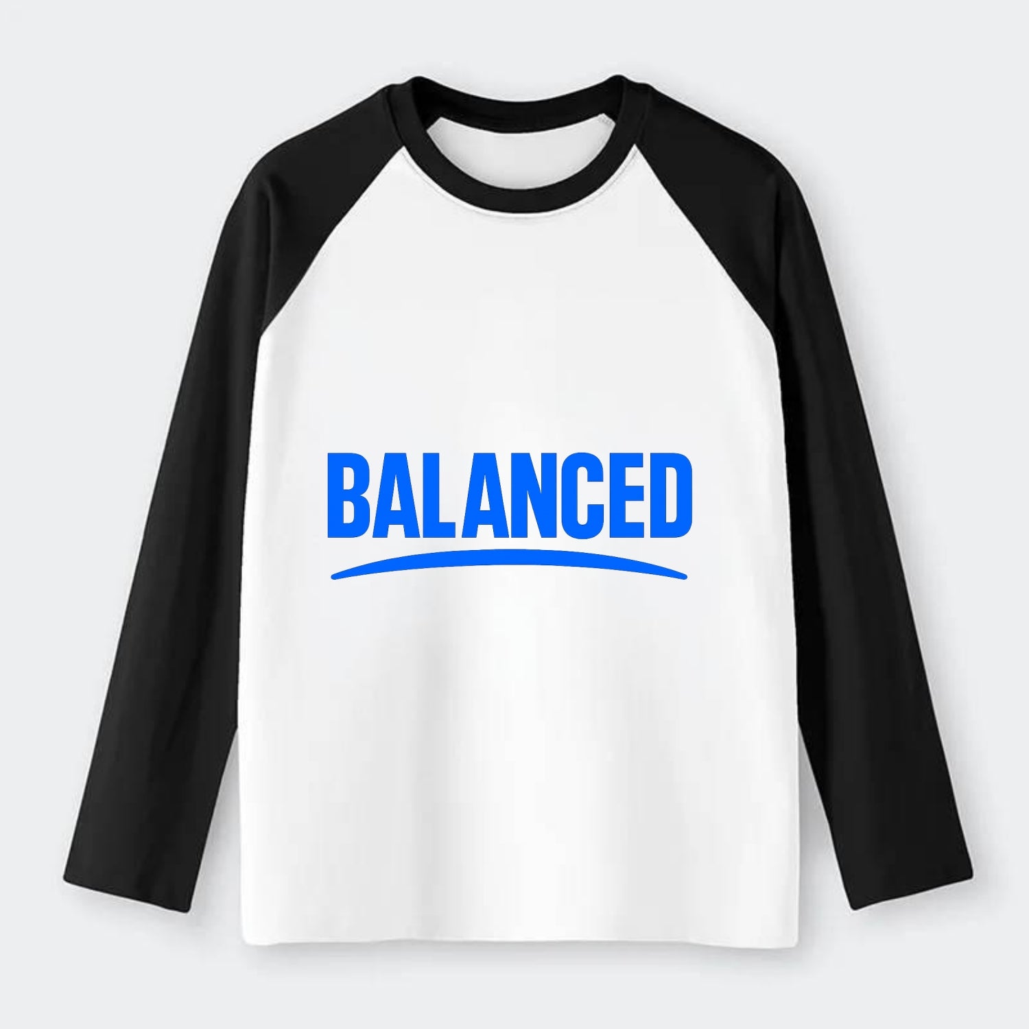 Bold typography design - "BALANCED" - harmony, equilibrium, centered - Raglan Long Sleeve T-Shirt - Black