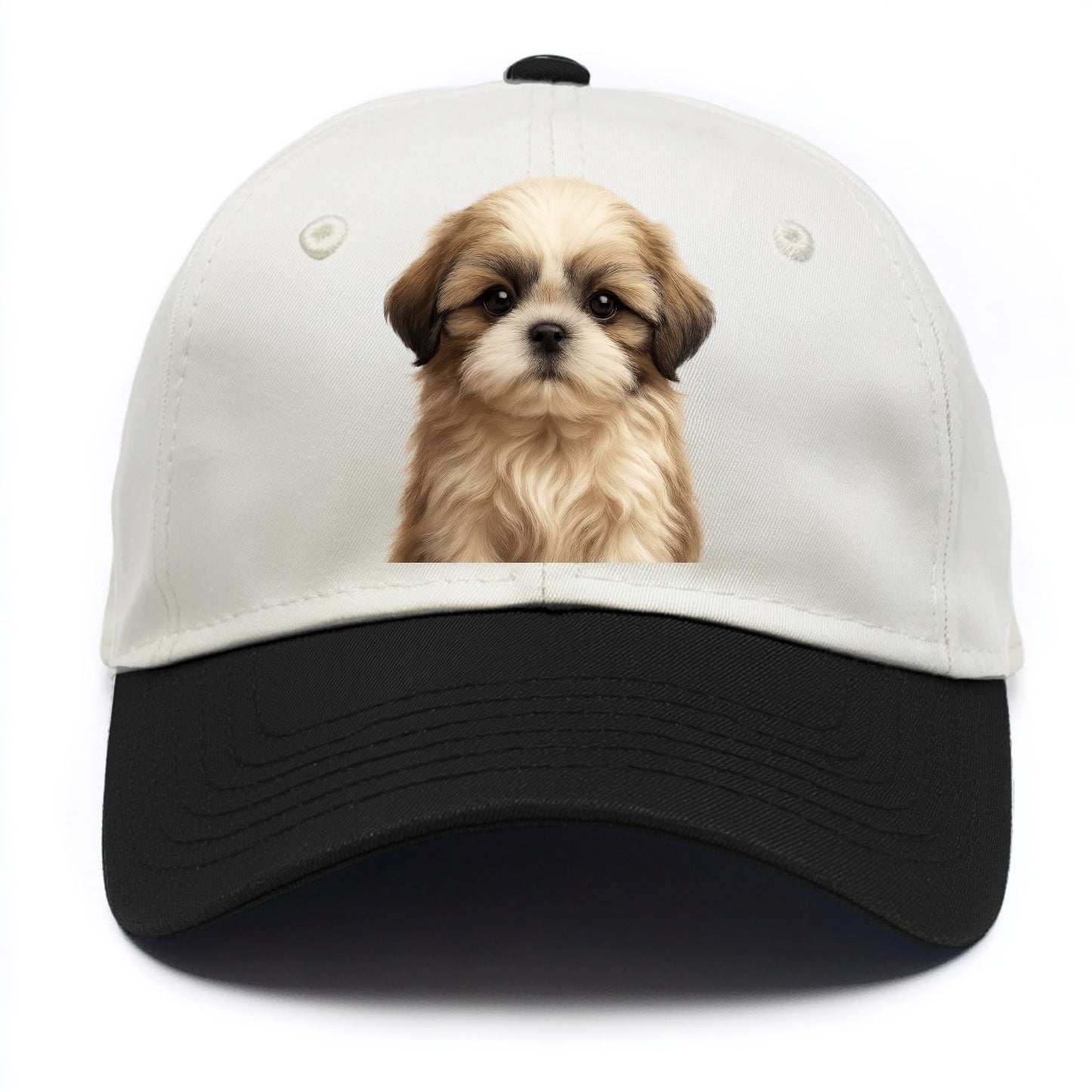 Baby Shih Tzu Puppy - long flowing coat, flat face, big dark eyes, front-facing, - Two Tone Cap - Black