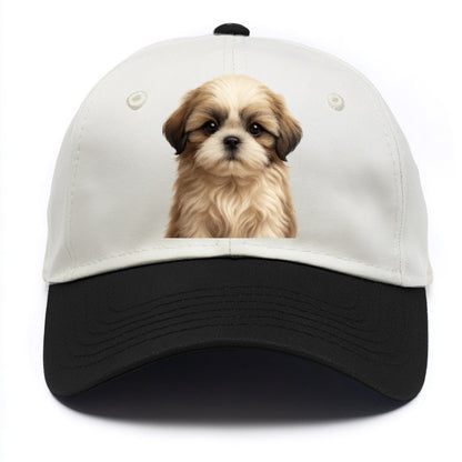 Baby Shih Tzu Puppy - long flowing coat, flat face, big dark eyes, front-facing, - Two Tone Cap - Black
