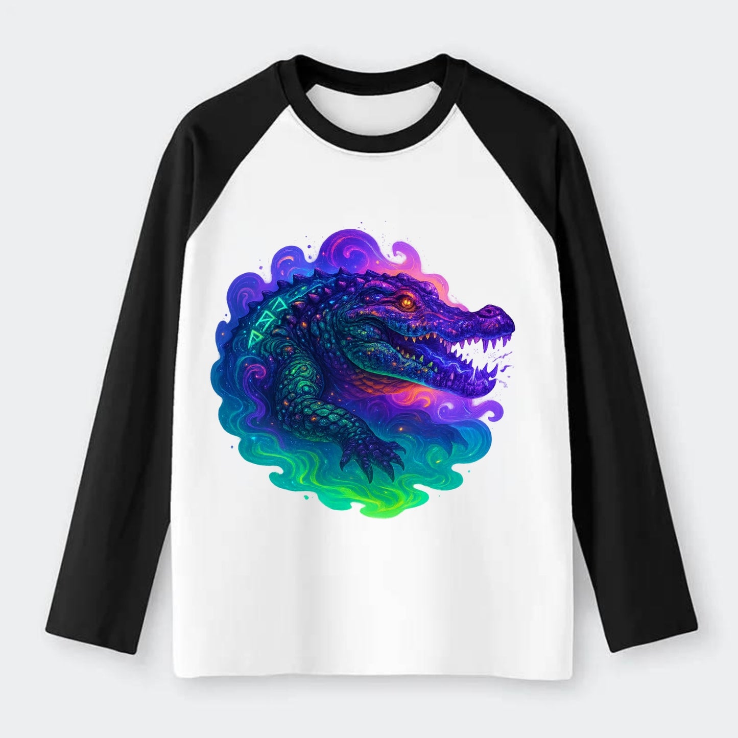 Primordial crocodile with scales pulsing plasma energy in green and - Raglan Long Sleeve T-Shirt - Black
