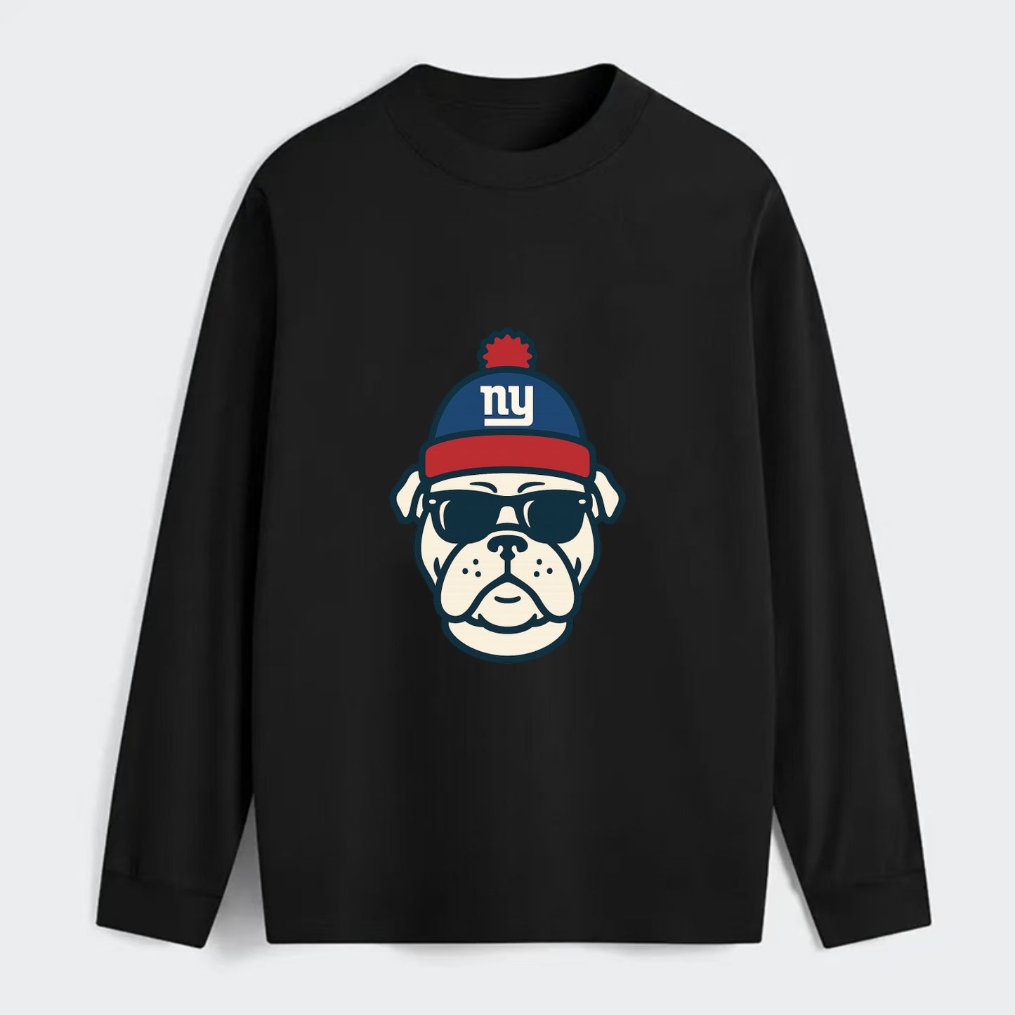 New York Bulldog wearing Giants blue and red beanie with pom pom and - Classic Long Sleeve Shirt - Black