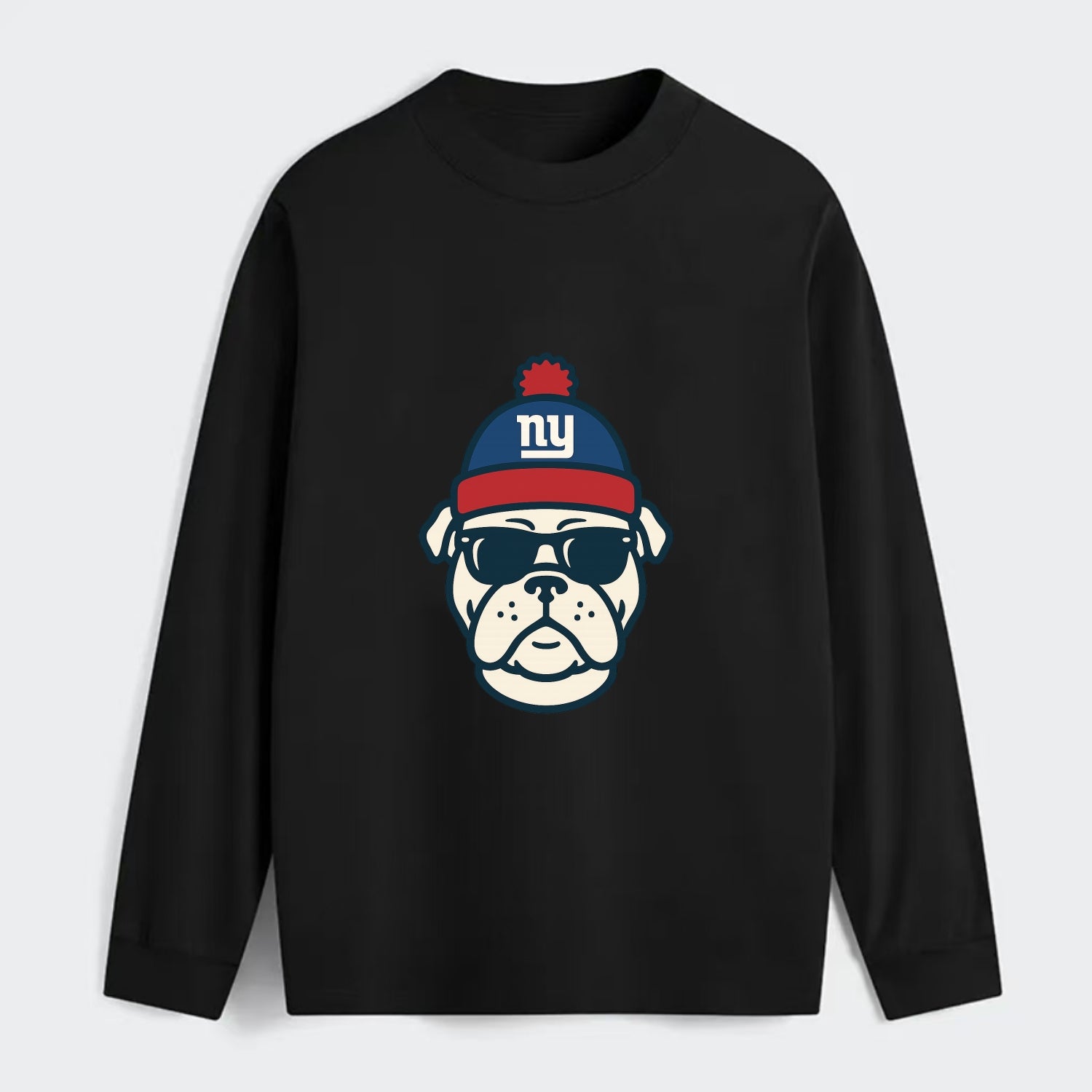 New York Bulldog wearing Giants blue and red beanie with pom pom and - Classic Long Sleeve Shirt - Black