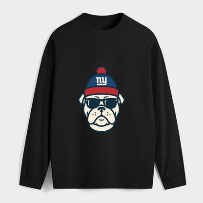 New York Bulldog wearing Giants blue and red beanie with pom pom and - Classic Long Sleeve Shirt - Black