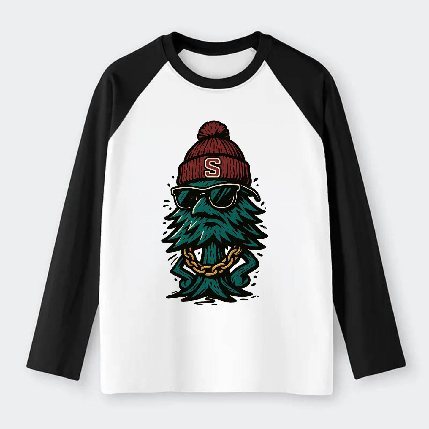 Palo Alto Tree wearing Stanford beanie with S patch - Raglan Long Sleeve T-Shirt - Black