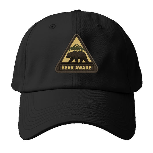 BEAR AWARE - bear silhouette warning in brown and yellow , wilderness safety - Baseball Cap - Black