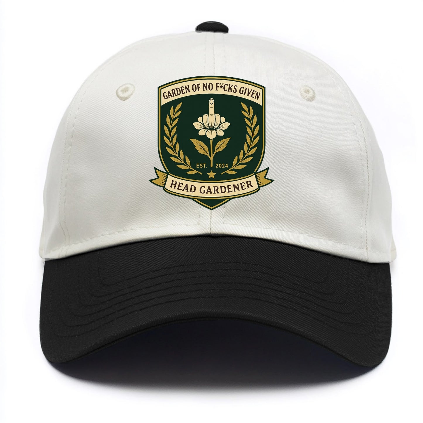 Shield with middle finger flower - "Garden of No F*cks Given - Head Gardener" - - Two Tone Cap - Black