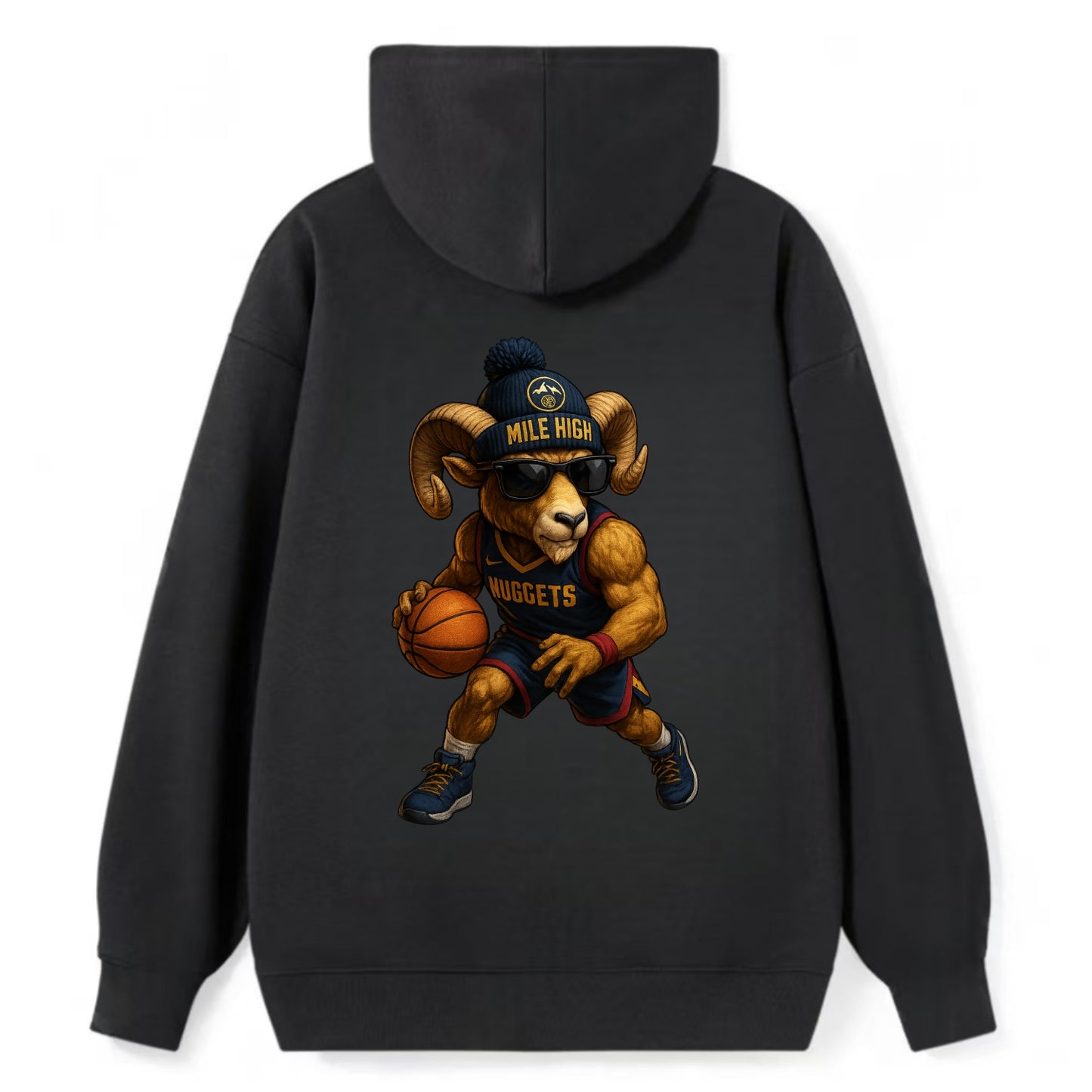 Mile High Bighorn wearing Nuggets beanie with mountain patch and wayfarer - Classic Pullover Hoodie - Black