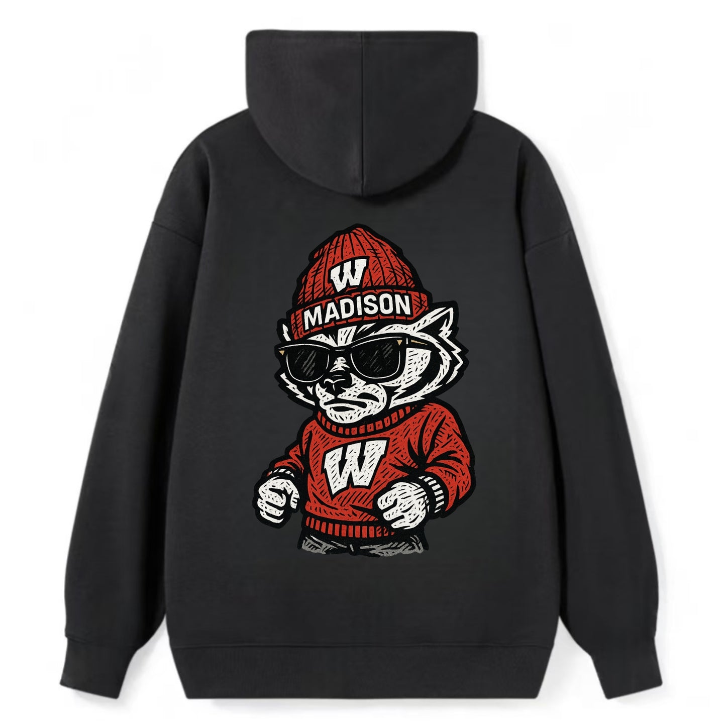 Madison Badger wearing Wisconsin beanie with motion W patch - Classic Pullover Hoodie - Black