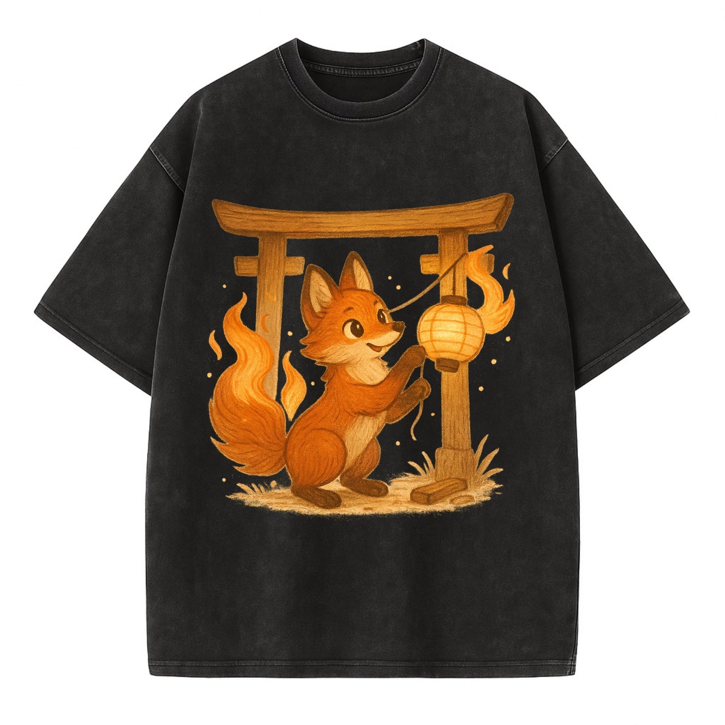Foxfire kitsune stringing lanterns along a torii gate with tails of living flame - Vintage T-shirt - Black