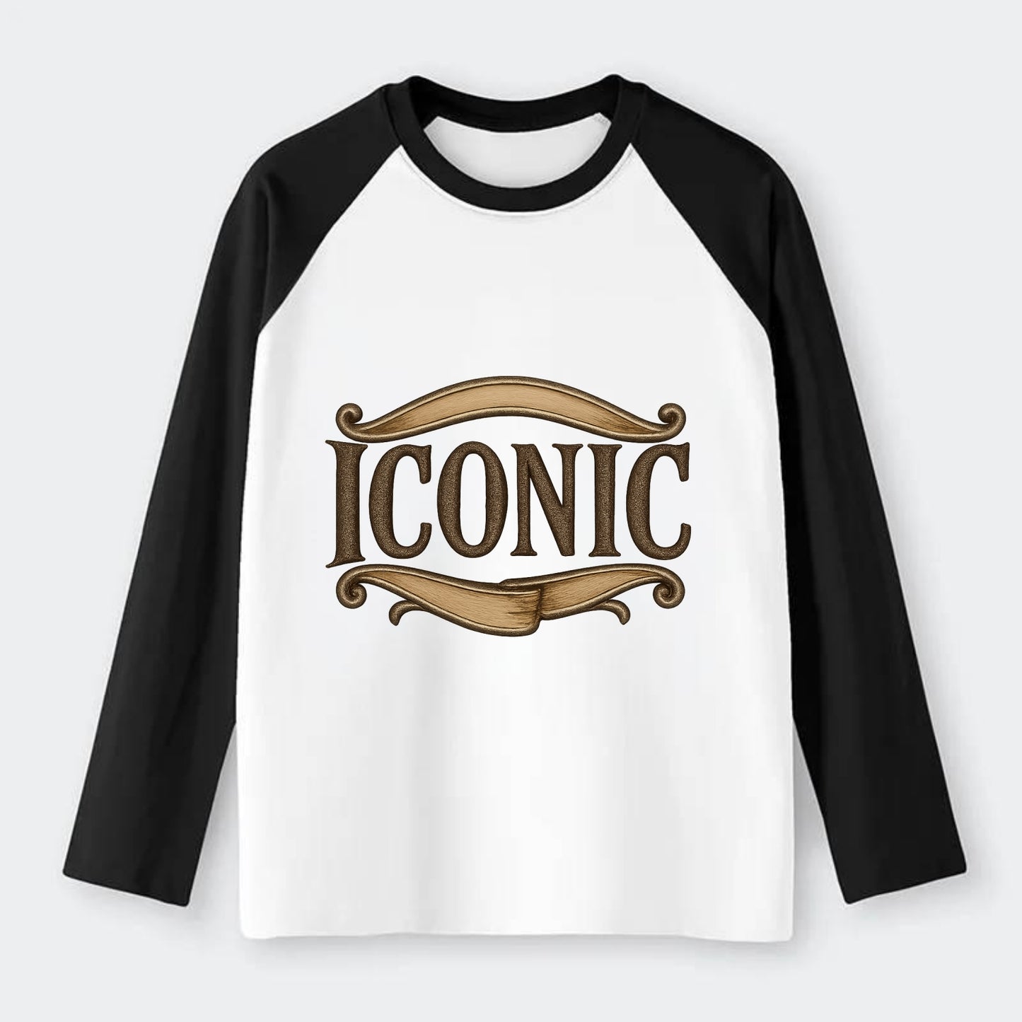 Bold typography design - "ICONIC" - instantly recognizable, trendsetter - Raglan Long Sleeve T-Shirt - Black