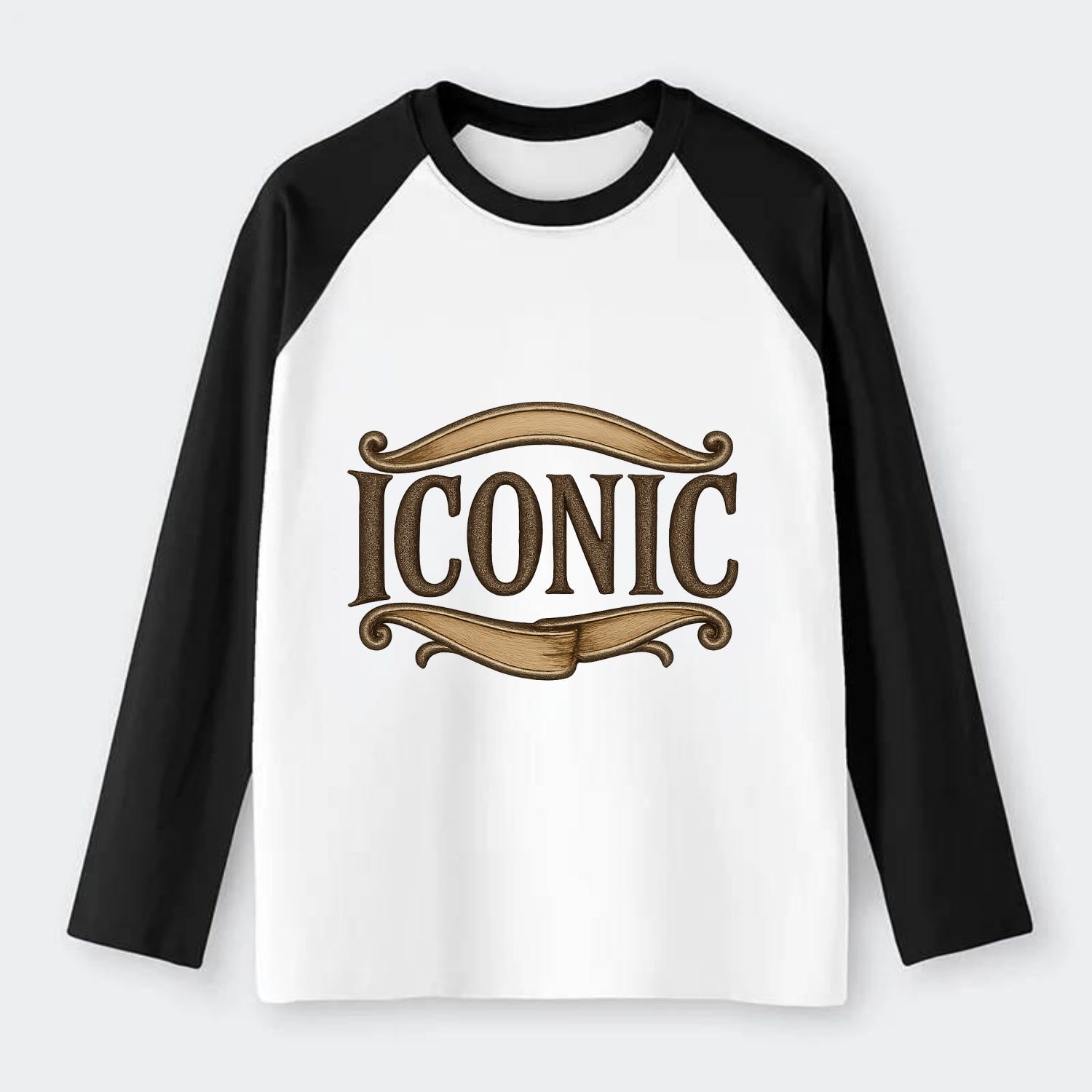 Bold typography design - "ICONIC" - instantly recognizable, trendsetter - Raglan Long Sleeve T-Shirt - Black
