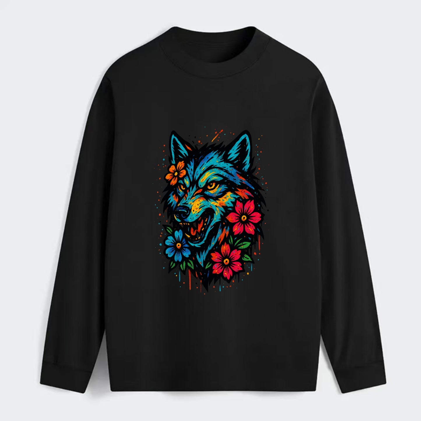 Floral Wolf Garden  - Classic Long Sleeve Shirt - Black