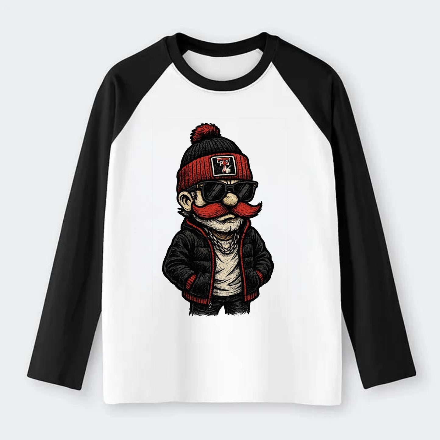 Lubbock Raider wearing Texas Tech beanie with guns up patch - Raglan Long Sleeve T-Shirt - Black