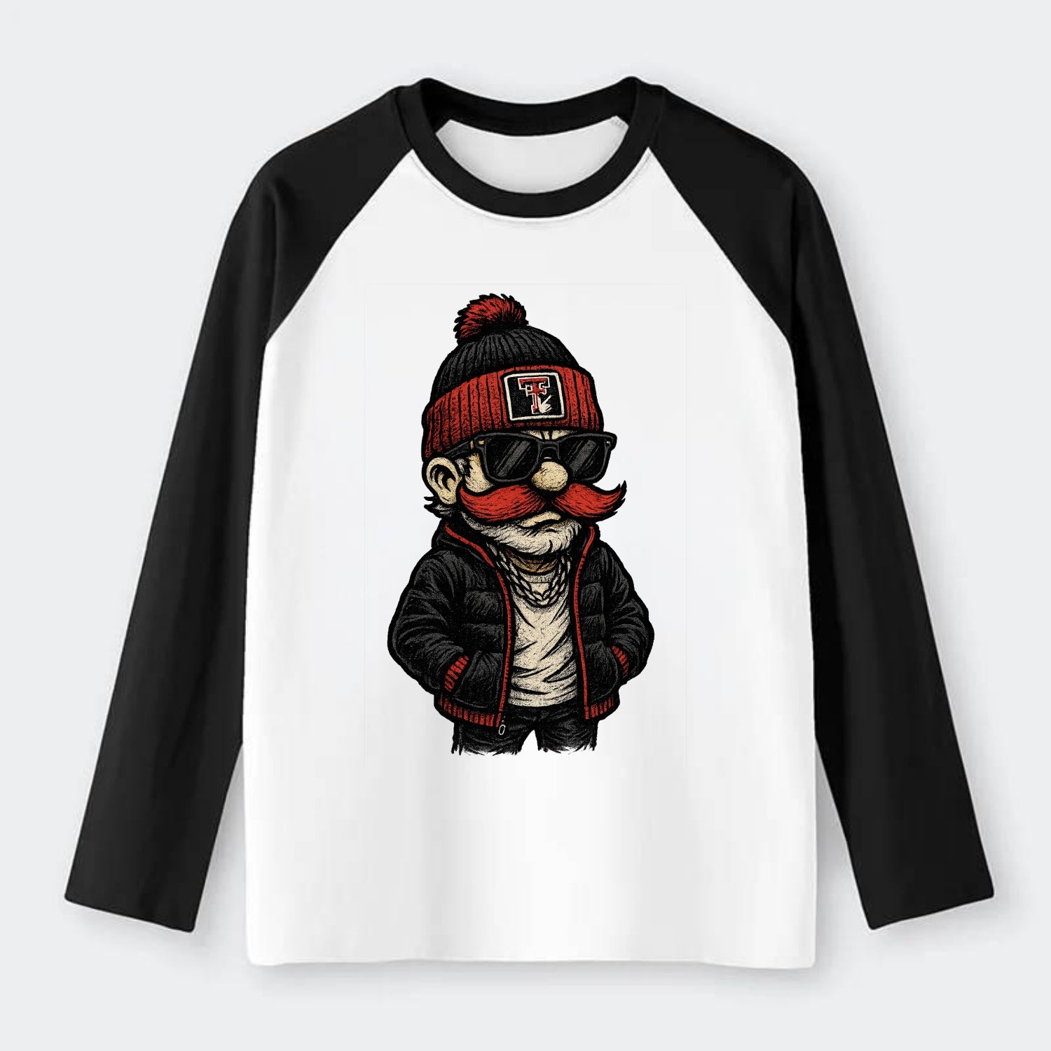 Lubbock Raider wearing Texas Tech beanie with guns up patch - Raglan Long Sleeve T-Shirt - Black