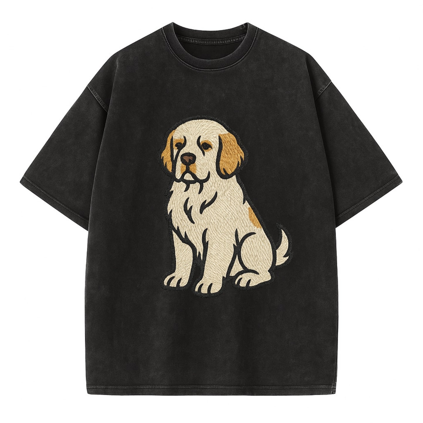 Clumber Spaniel - White with lemon markings embroidered pose - Vintage T-shirt - Black