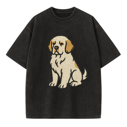 Clumber Spaniel - White with lemon markings embroidered pose - Vintage T-shirt - Black