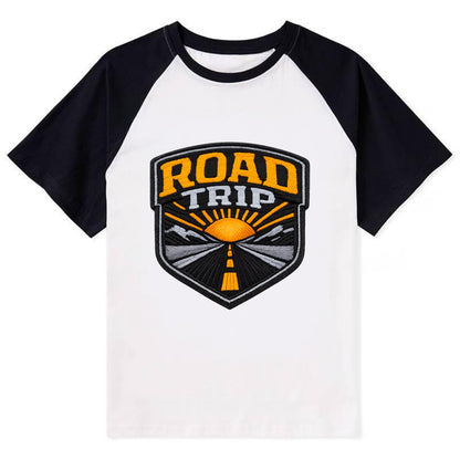 ROAD TRIP - highway and sun in orange and gray , open road - Contrast Raglan T-shirt - Black