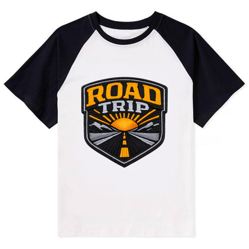 ROAD TRIP - highway and sun in orange and gray , open road - Contrast Raglan T-shirt