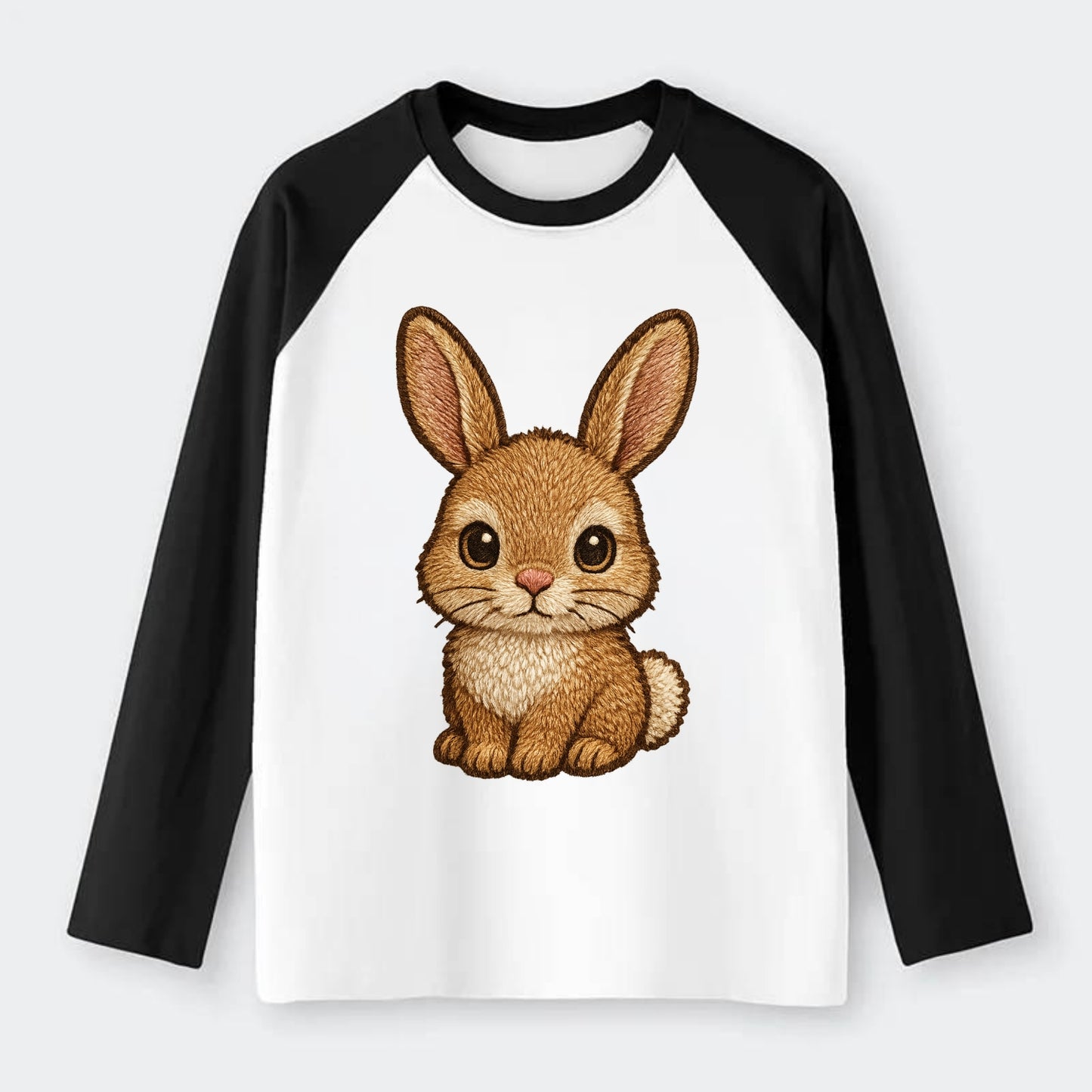 Baby Rabbit - long ears, fluffy white tail, pink nose, large brown - Raglan Long Sleeve T-Shirt - Black