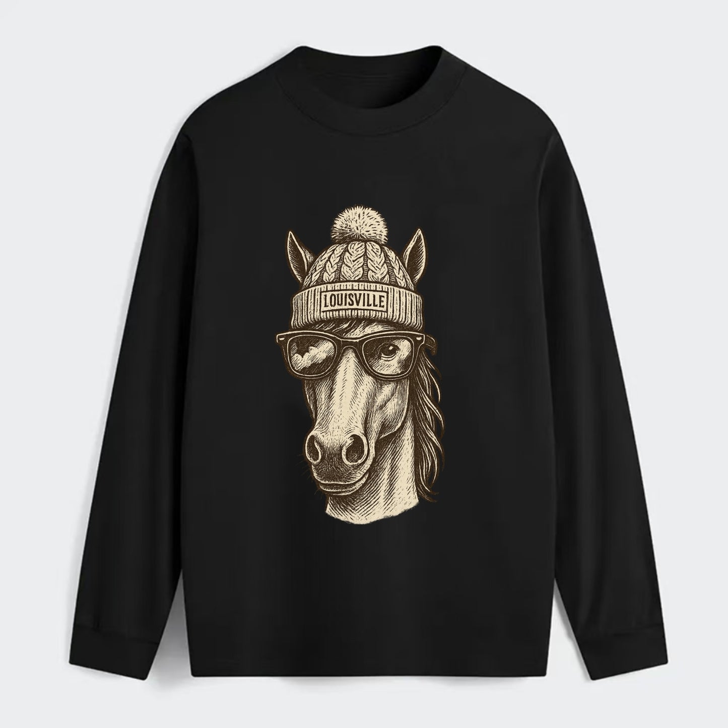 Kentucky Thoroughbred Horse wearing Louisville beanie with pom pom and - Classic Long Sleeve Shirt - Black