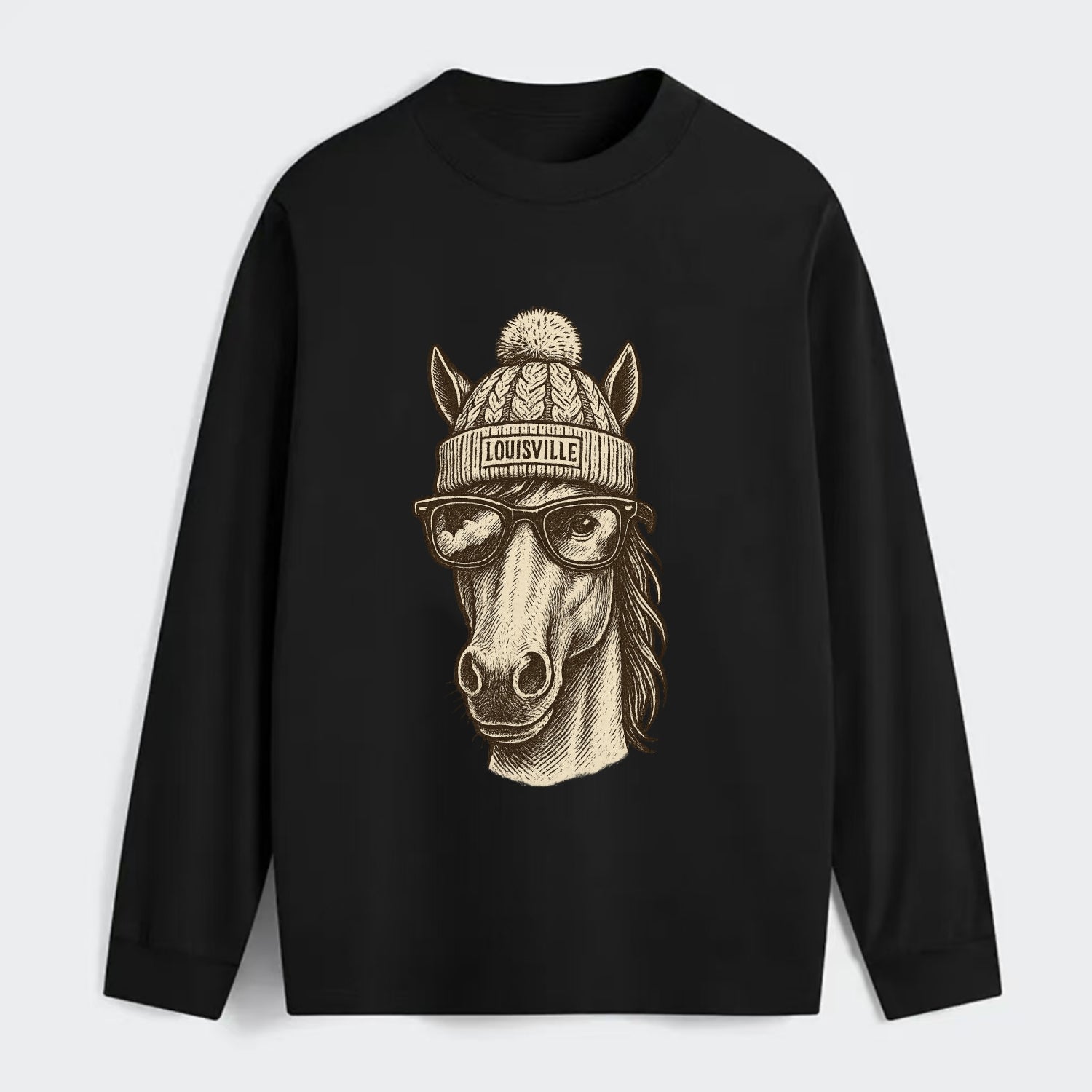 Kentucky Thoroughbred Horse wearing Louisville beanie with pom pom and - Classic Long Sleeve Shirt - Black