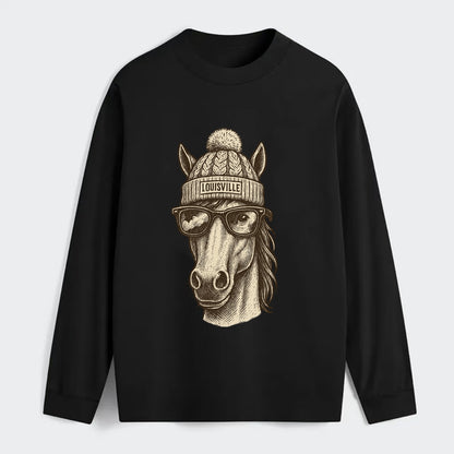 Kentucky Thoroughbred Horse wearing Louisville beanie with pom pom and - Classic Long Sleeve Shirt - Black