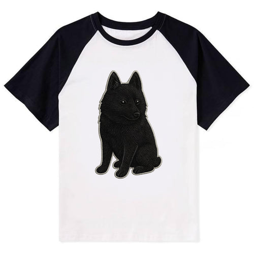 Schipperke - Solid black small embroidered sitting pose - Contrast Raglan T-shirt