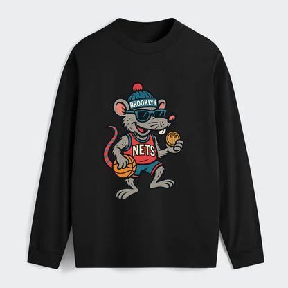 Brooklyn Rat wearing Nets beanie with subway token and wayfarer - Classic Long Sleeve Shirt - Black