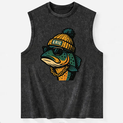 Erie Lake Trout wearing Erie beanie with pom pom and wayfarer sunglasses - Vintage Washed Tank - Black