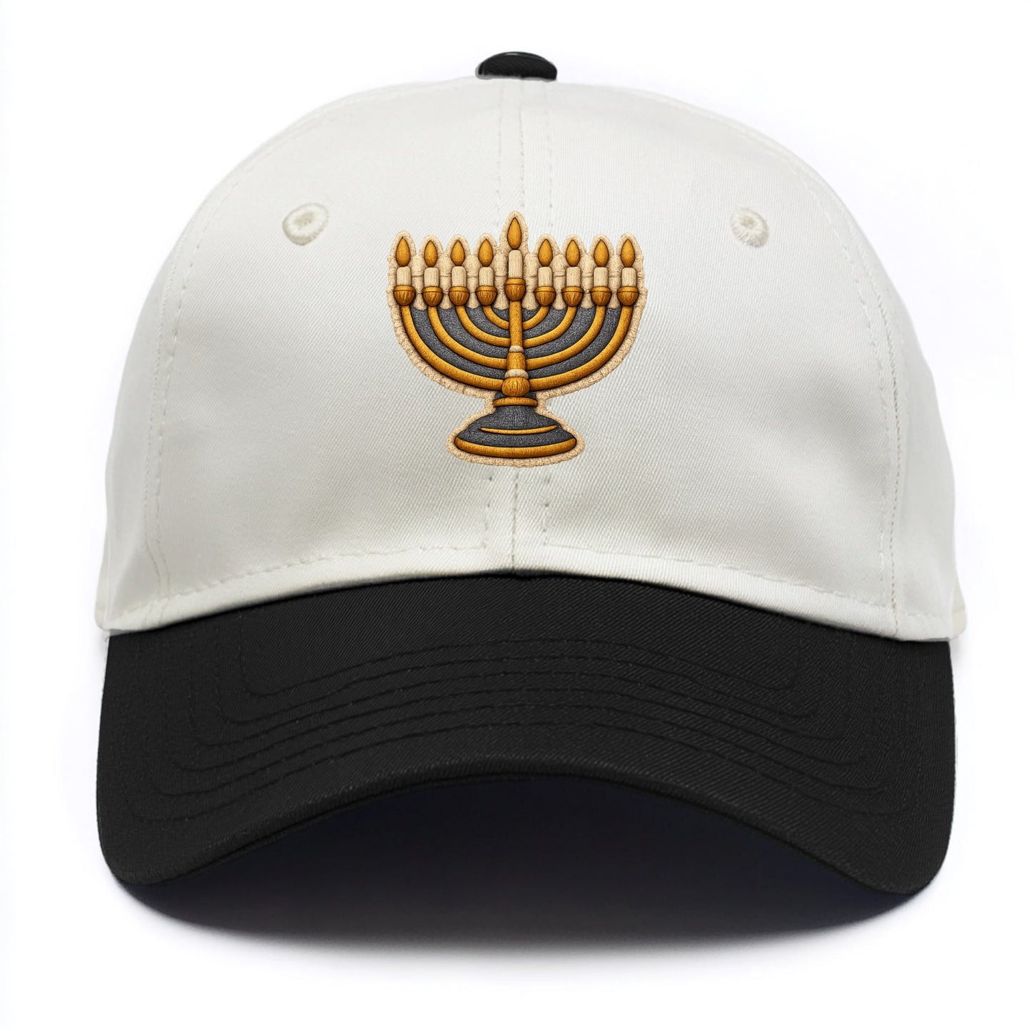 MENORAH LIGHTS - nine branch candelabra in gold and blue , Hanukkah - Two Tone Cap - Black