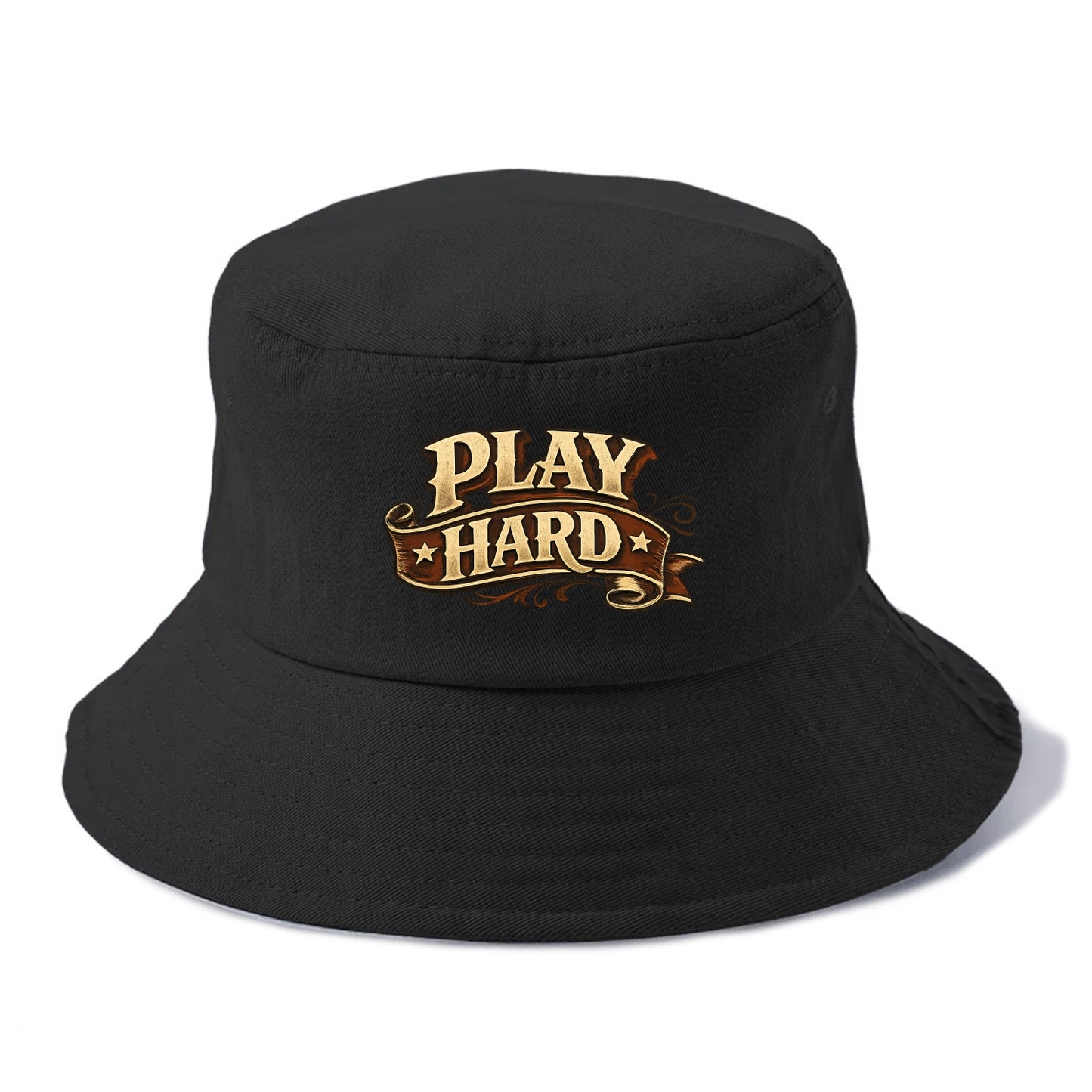 Bold typography design - "PLAY HARD" - giving your all, full effort - Bucket Hat - Black