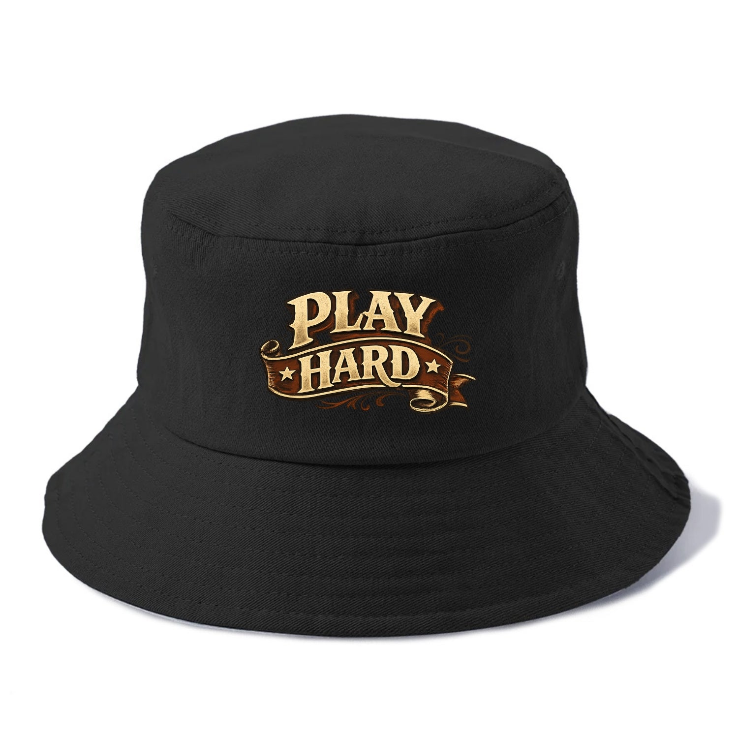Bold typography design - "PLAY HARD" - giving your all, full effort - Bucket Hat - Black