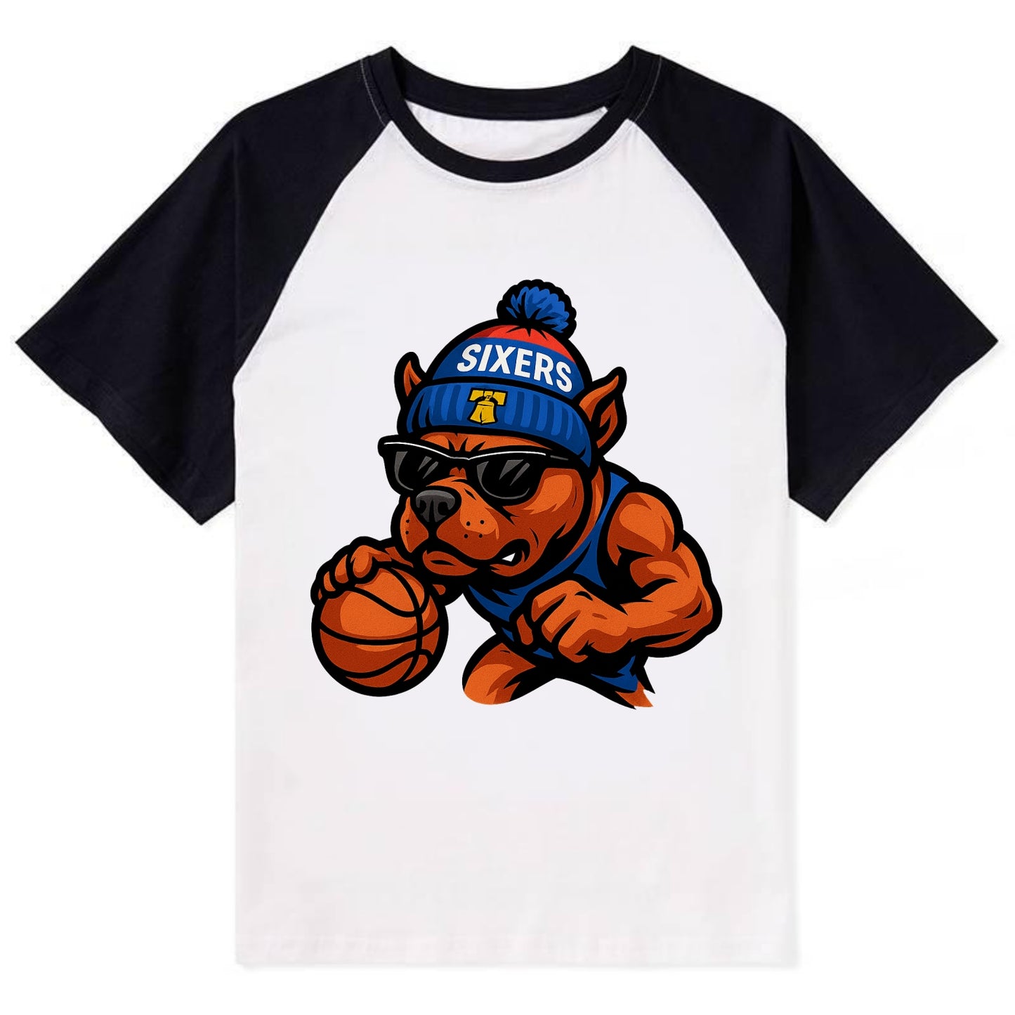 Philly Pitbull wearing Sixers beanie with Liberty Bell and wayfarer - Contrast Raglan T-shirt - Black