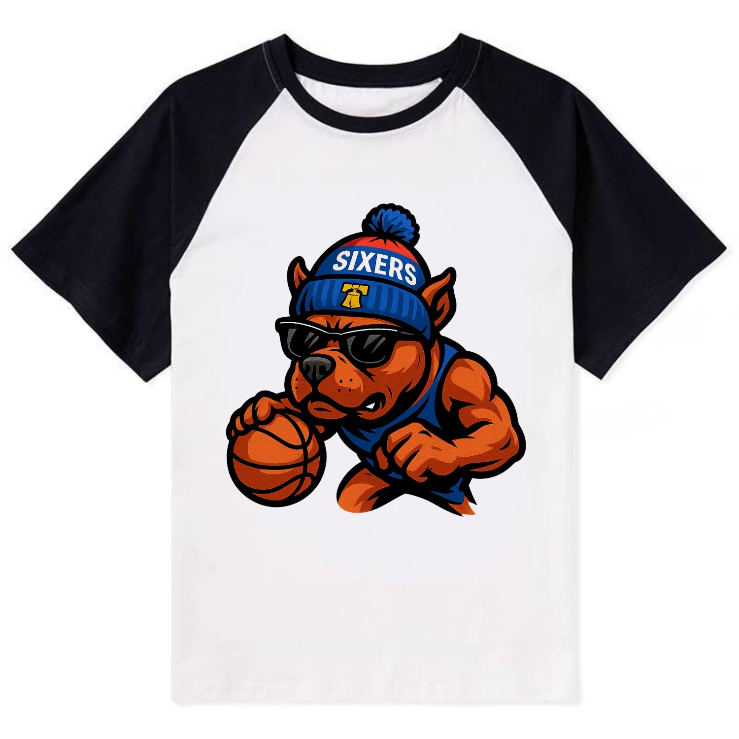 Philly Pitbull wearing Sixers beanie with Liberty Bell and wayfarer - Contrast Raglan T-shirt - Black