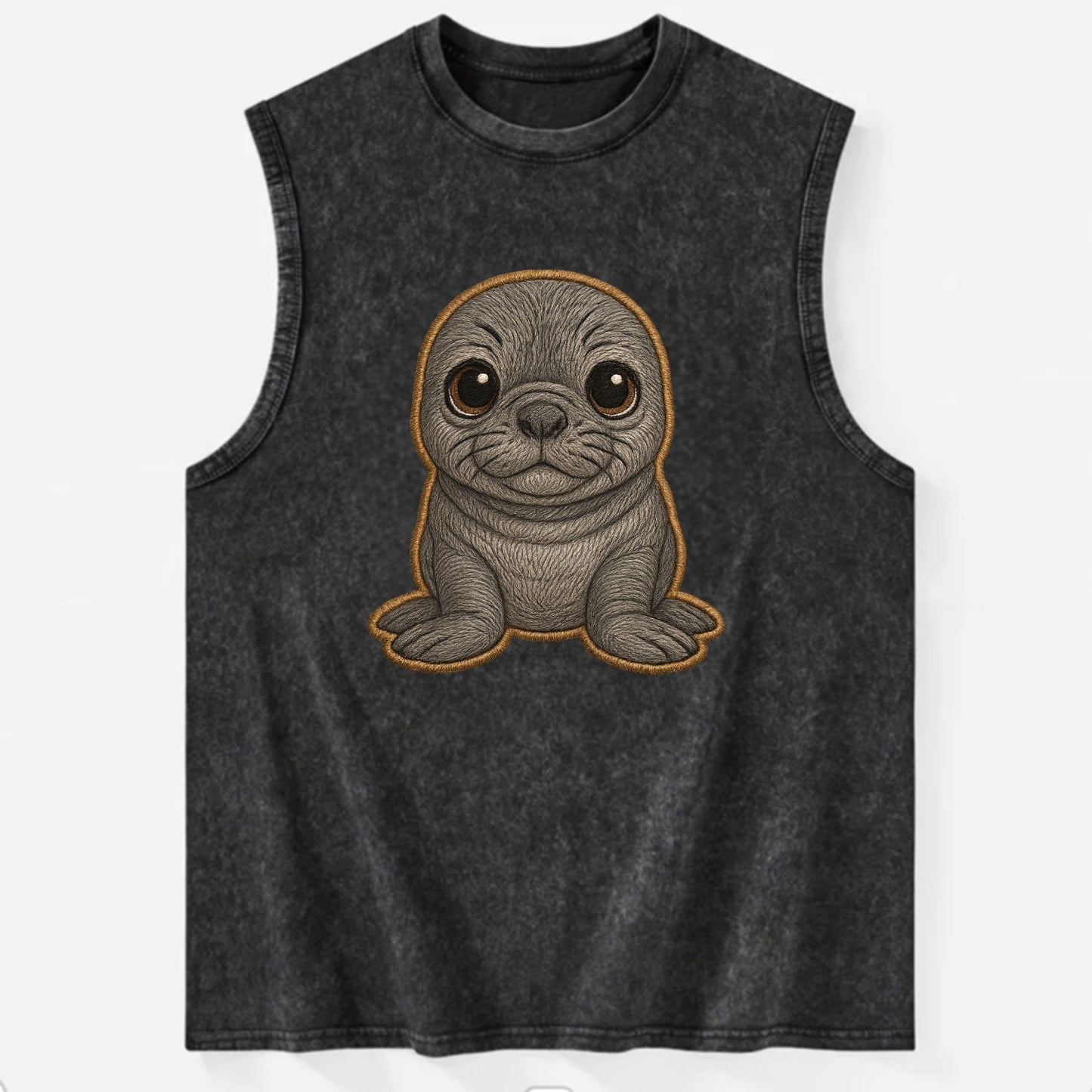 Baby Elephant Seal - gray wrinkly, tiny trunk nose, big dark eyes, - Vintage Washed Tank - Black