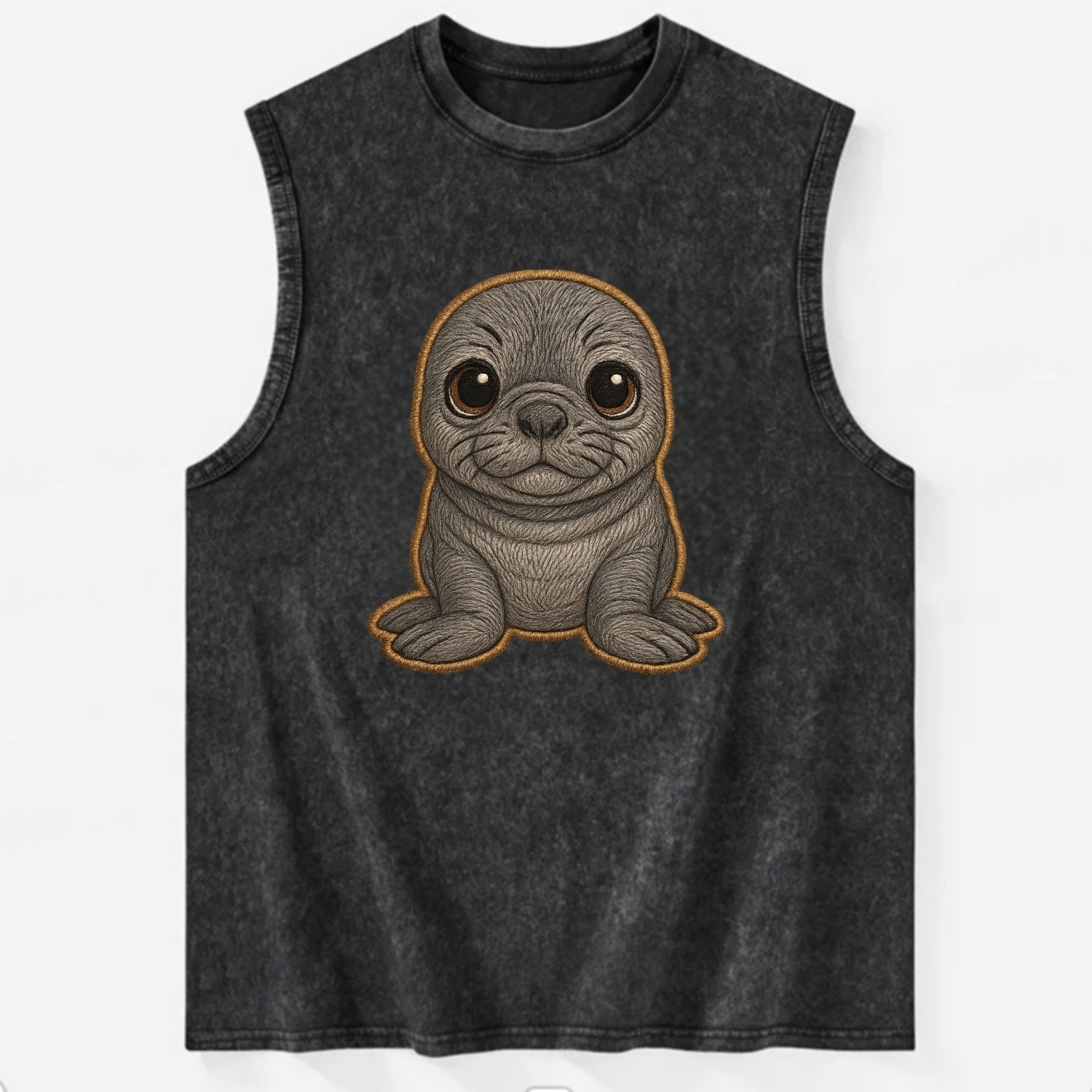 Baby Elephant Seal - gray wrinkly, tiny trunk nose, big dark eyes, - Vintage Washed Tank - Black