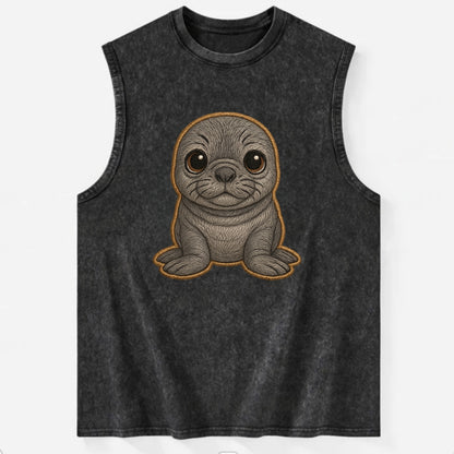 Baby Elephant Seal - gray wrinkly, tiny trunk nose, big dark eyes, - Vintage Washed Tank - Black