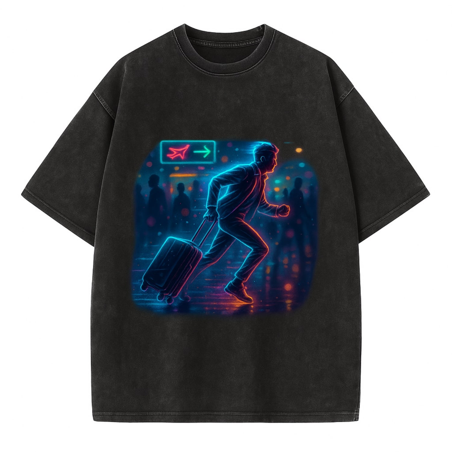 person running with luggage through crowded airport terminal - Vintage T-shirt - Black