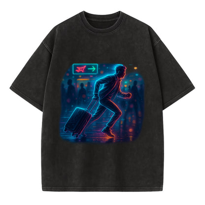 person running with luggage through crowded airport terminal - Vintage T-shirt - Black