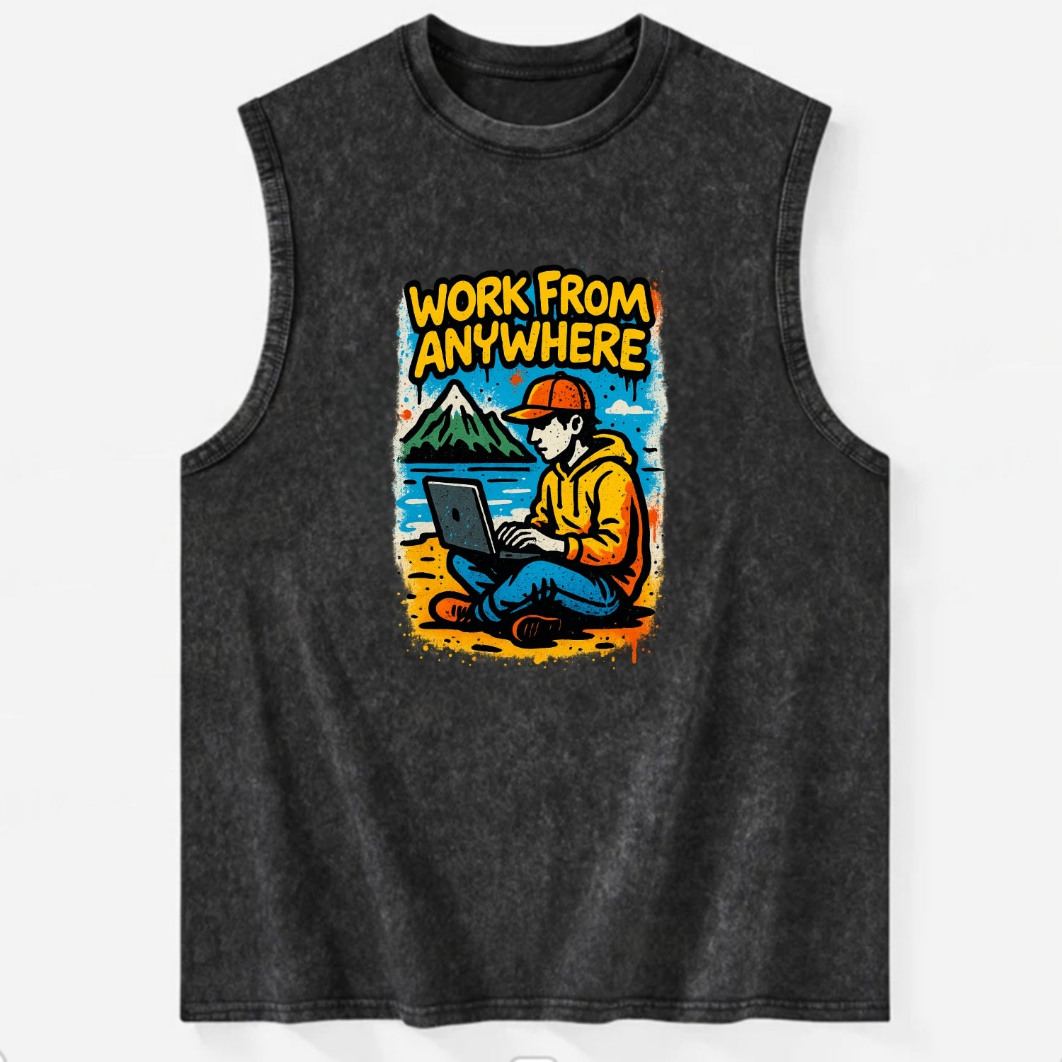 Digital nomad with laptop on beach/mountain - work from anywhere lifestyle, - Vintage Washed Tank - Black