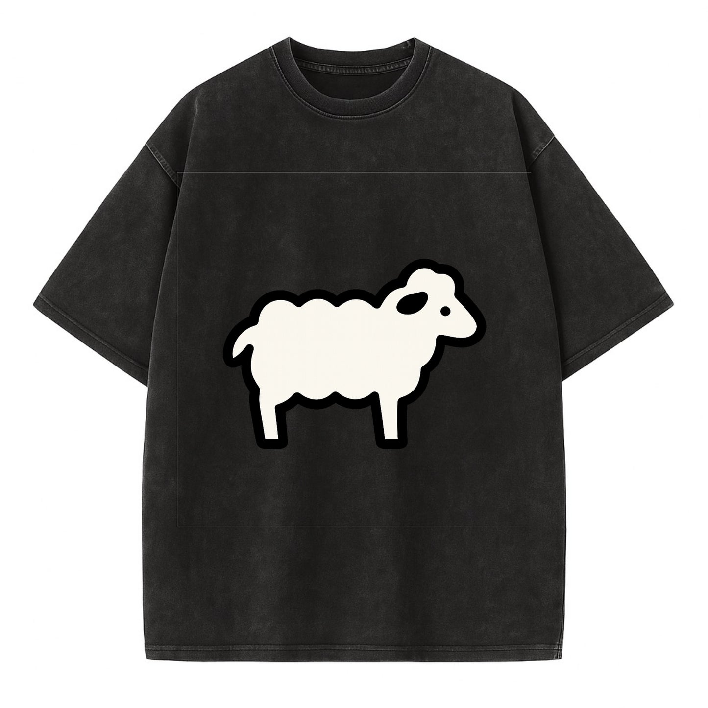 Sheep - White fluffy wool flat side profile - Vintage T-shirt - Black