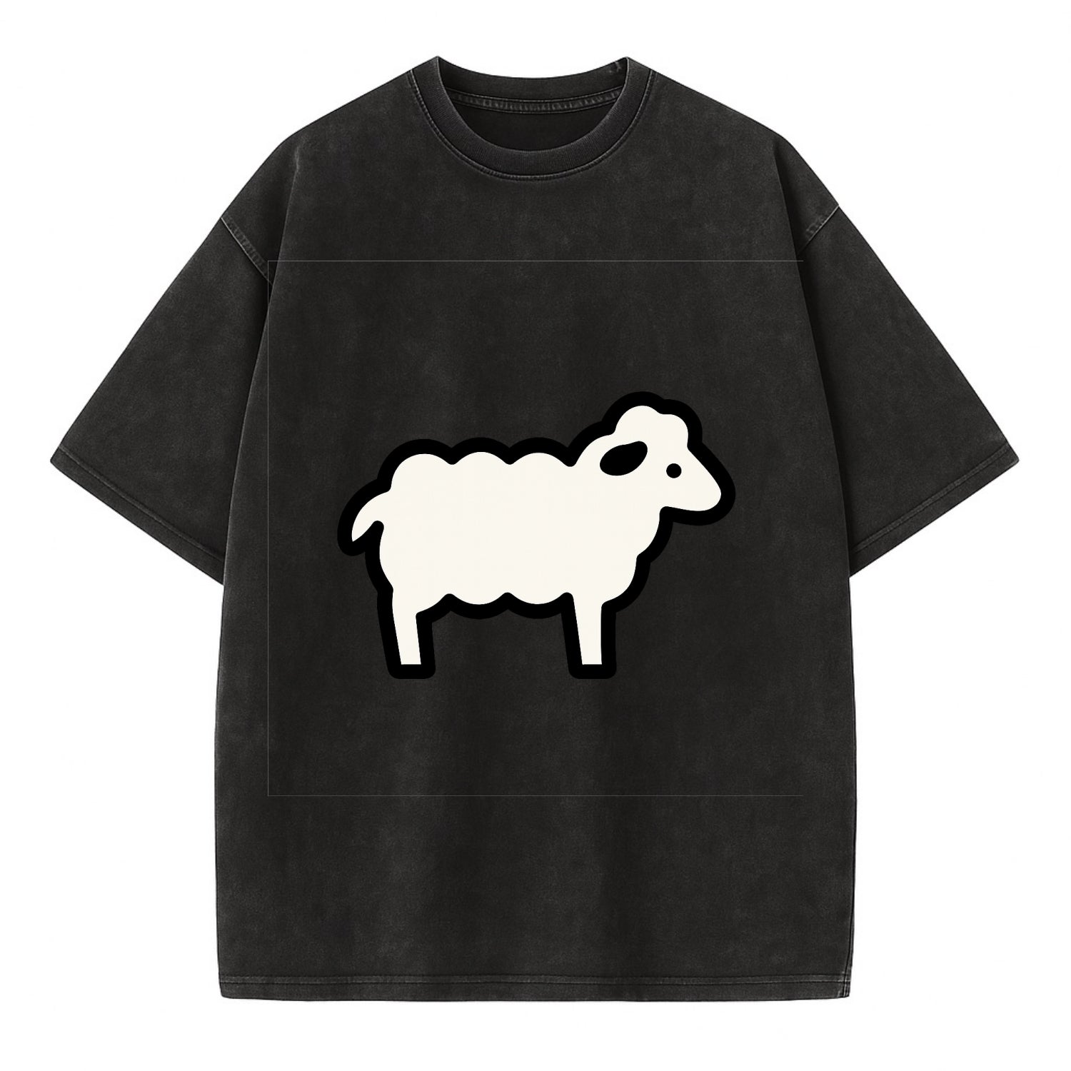 Sheep - White fluffy wool flat side profile - Vintage T-shirt - Black