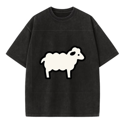 Sheep - White fluffy wool flat side profile - Vintage T-shirt - Black