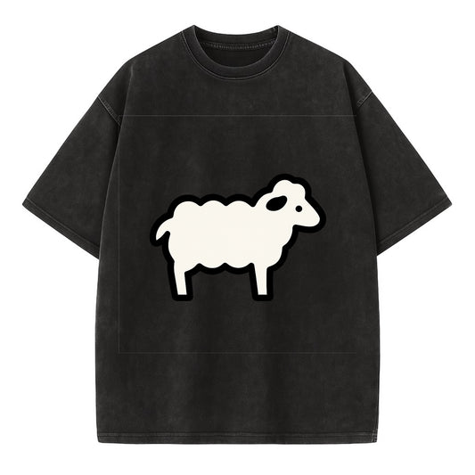 Sheep - White fluffy wool flat side profile - Vintage T-shirt - Black