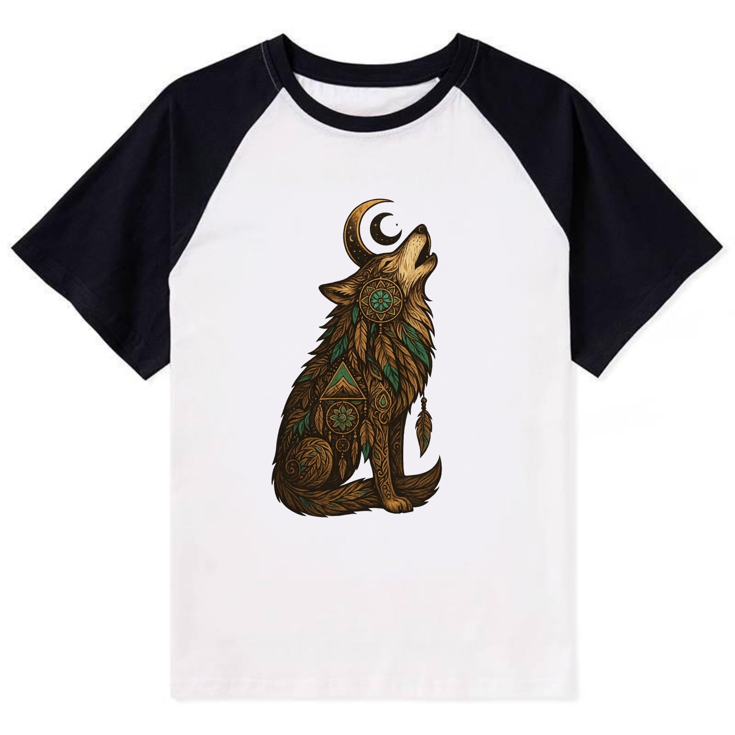 Celestial Moon Wolf  - Contrast Raglan T-shirt - Black