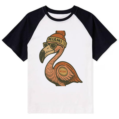 Miami Flamingo wearing Miami beanie with pom pom and wayfarer sunglasses - Contrast Raglan T-shirt - Black