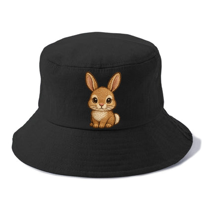 Baby Rabbit - long ears, fluffy white tail, pink nose, large brown eyes, front-facing, - Bucket Hat - Black